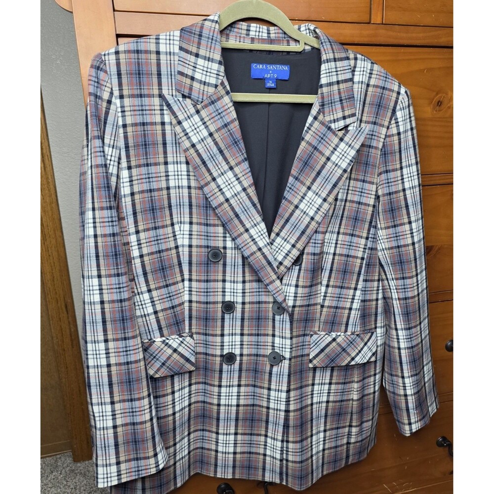 Cara Santana X Apt 9 Plaid Blazer Size 16 Double Breasted Long Academia Blue